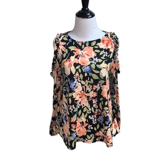 LC Lauren Conrad Women's S Small Open Shoulder Top Floral Ruffles Lightweight - Picture 1 of 5
